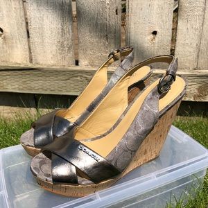 Coach signature jacquard Silver wedge sling backs